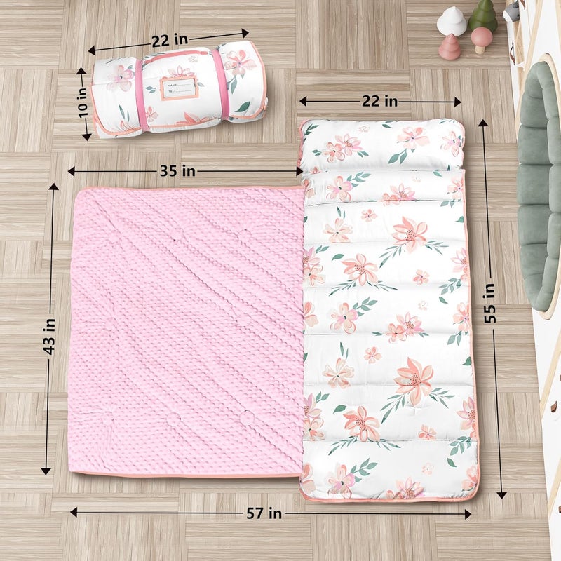 PRIMLECT Thickened Toddler Nap Mat with Removable Pillow and Minky Blanket, Extra Large 55''x35'' Sleeping Bag, Washable, Roll up, Perfect for Daycare, Preschool, Kindergarten, Boys and Girls Flowers - Image 2